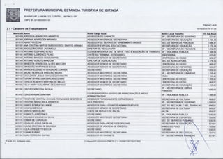 PREFEITURA MUNICIPAL ESTANCIA TURISTICA DE IBITINGA
RUA MIGUEL LANDIM, 333, CENTRO, IBITINGA-SP
CNPJ: 45.321.460/0001-50
Página 1 de 4

2.1 - Cadastro de Trabalhadores
Matrícula Nome
901409 ADERSON APARECIDO ARANTES
901368 ADRIANA APARECIDA MIRANDA

15/10/2013 15:11:25
Nome Cargo Atual
ASSESSOR DO GABINETE

Nome Local Trabalho
SP - SECRETARIA DE GOVERNO
SECRETARIA DE EDUCAÇÃO

Vir.SalAtual
821,61
1.155,42

901010 ALAIR PIROZZINI

ASSESSOR MASTER DE SECRETARIA
ASSESSOR DE SERVICO DE SANEAMENTO BASICO

901391 ANA CRISTINA MATOS CARDOSO DOS SANTOS ARANAS
901386 ANGELO RICARDO JACOMELLI

ASSESSOR ESPECIAL EDUCACIONAL
DIRETOR DE TESOURARIA

901378 ANTONIO DELPHINO ALVES
901141 ANTONIO LOURENCO FILHO

COORDENADOR DA DIV. DE OPER. FISC. E EDUCAÇÃO DE TRANSITO
CHEFE DO TERMINAL RODOVIARIO

901345 ANTONIO MARCOS DOS SANTOS
901343 ANTONIO VENUTO MANZONI

ASSESSOR SÊNIOR DE SECRETARIO

CENTRO DIA DO IDOSO

869,07

DIRETOR DE AGRICULTURA
ASSESSOR SÊNIOR DE SECRETARIO

SEC. DE AGRICULTURA

3.179,39

901338 BENEDITA APARECIDA ALVES MACCARI
900818 BENEDITO MARTINS DE SOUZA
901306 BRANCA ELIZABETH VERGAÇAS CORREA
901335 BRUNO HENRIQUE PINHEIRO NIGRO
901102 CACILDA DE JESUS CHAGAS GIOVANETTI
901339 CARINA APARECIDA GARCIA SESTARE

ASSESSOR SÊNIOR DE SECRETARIO
SECRETARIO
ASSESSOR MASTER DE SECRETARIA

SEC. DE SERVICOS PUBLICOS
SECRETARIA DE EDUCAÇÃO
SP - SECRETARIA DE FINANCAS
SP - VIGILANCIA PUBLICA
RODOVIARIA

CENTRO DIA DO IDOSO
SECRETARIA DE ESPORTES
SECRETARIA DE EDUCAÇÃO
SP - SECRETARIA DE FINANCAS
CRAS
CENTRO DIA DO IDOSO

1.686,51
3.179,39
1 052,62
1.395,94
821,61

869,07
869,07
7.600,00
1.155,42

901332 CARLOS ALBERTO MARTINS DE MELLO
901355 CÉLIA MARY GUILHERME DE CAMARGO

ASSESSOR MASTER DE SECRETARIA
ASSESSOR MASTER DE SECRETARIA
ASSESSOR SÊNIOR DE SECRETARIO
ASSESSOR MASTER DE SECRETARIA

901396 CIRO ROGERIO DAL ÁCQUA

SECRETARIO

SP SECRETARIA DE OBRAS
PUBLICAS

7.600,00

901400 CLAUDIA ALINE SANTANA

COORDENADOR DA DIVISA() DE ARRECADAÇÃO E APOIO
ADMINISTRATIVO

SP - VIGILANCIA PUBLICA

1 395,94

SECRETARIA DE CULTURA

869,07
8.900,00

901347 CRISTIANE CRISTINA CHAGAS FERNANDES SESPEDES
901303 CRISTINA MARIA KALIL ARANTES
901259 DANIEL BONIFACIO LANGE

ASSESSOR PLANEJAMENTO ESTRATEGICO
VICE PREFEITO	

CENTRO DIA DO IDOSO
SECRETARIA DE EDUCAÇÃO
-

ASSESSOR PARA ASSUNTOS ADMINISTRATIVOS
ASSESSOR SÊNIOR DE SECRETARIO

SP - SECRETARIA DE GOVERNO
SEC. DE REC. HUM. E REL. TRABALHO
SECRETARIA DE CULTURA

901388 DARCIO MARCELINO
4t
90130( DONISETI JOSE PINEZI

CHEFE DE SERVICO DE BALSA

BALSA

SECRETARIO

SP - VIGILANCIA PUBLICA

901401 DOUGLAS WILIANS DA SILVA

ASSESSOR MASTER DE SECRETARIA

901316 EDMAR DE CARVALHO

SECRETARIO

SECRETARIA DE ESPORTES
SEC. DE SERVICOS PUBL1ôQS

901372 EDVALDO JESUS DA SILVA
900850 ELAINE CRISTINA DE MIRANDA
901314 ELEA LORENZETTI BOCCA
901337 ELIANE RUFINO

ASSESSOR PARA PROJETOS ESPECIAIS
ASSESSOR DE AGENCIA DE CREDITO
SECRETARIO

SECRETARIA DE EDUCAÇÃO
BANCO DO POVO
TURISMO

ASSESSOR MASTER DE SECRETARIA

SECRETARIA DE DES SOCIAL	

901384 ELIAS FERREIRA SUPINO

ASSESSOR DO GABINETE

SP - SECRETARIA DE FINANCAS	

901190'DANIELA MENONI

• Fiorilli S/C Software Ltda.
•

[11/koosi/DP-02KOOSI.PMETI] {7.5.103.827/W7162/7162}

1.155,42
1.155,42
869,07
1.155,42

1.686,51
869.07
869.07
7.600,00
1.155,42
7.600,00
821,61
1 155,42
7 600 00
1 155 42
,

821 61
,

 