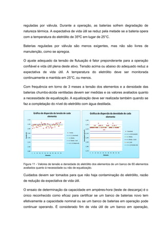 reguladas por válvula. Durante a operação, as baterias sofrem degradação de
natureza térmica. A expectativa de vida útil se reduz pela metade se a bateria opera
com a temperatura do eletrólito de 35ºC em lugar de 25°C.
Baterias reguladas por válvula são menos exigentes, mas não são livres de
manutenção, como se apregoa.
O ajuste adequado da tensão de flutuação é fator preponderante para a operação
confiável e vida útil plena deste ativo. Tensão acima ou abaixo do adequado reduz a
expectativa de vida útil. A temperatura do eletrólito deve ser monitorada
continuamente e mantida em 25°C, ou menos.
Com frequência em torno de 3 meses a tensão dos elementos e a densidade das
baterias chumbo-ácida ventiladas devem ser medidas e os valores avaliados quanto
a necessidade de equalização. A equalização deve ser realizada também quando se
faz a completação do nível do eletrólito com água destilada.
Figura 11 - Valores de tensão e densidade do eletrólito dos elementos de um banco de 60 elementos
avaliados quanto à necessidade ou não de equalização.
Cuidados devem ser tomados para que não haja contaminação do eletrólito, razão
de redução da expectativa de vida útil.
O ensaio de determinação da capacidade em ampères-hora (teste de descarga) é o
único reconhecido como eficaz para certificar se um banco de baterias novo tem
efetivamente a capacidade nominal ou se um banco de baterias em operação pode
continuar operando. É considerado fim de vida útil de um banco em operação,
 