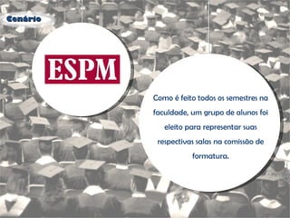 Como é feito todos os semestres na faculdade, um grupo de alunos foi eleito para representar suas respectivas salas na comissão de formatura. Cenário 