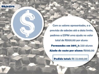 Com os valores apresentados, e a previsão de adesões até a data limite, pedimos a ESPM uma ajuda no valor total de R$100,00 por aluno: Formandos em 2011_1:  220 alunos Ajuda de custo por aluno:  R$100,00 Pedido total:  R$ 22.000,00 Objetivo 