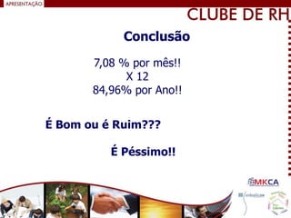 7,08 % por mês!!
X 12
84,96% por Ano!!
É Bom ou é Ruim???
É Péssimo!!
Conclusão
 