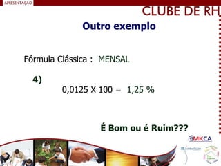 Fórmula Clássica : MENSAL
0,0125 X 100 = 1,25 %
É Bom ou é Ruim???
4)
Outro exemplo
 