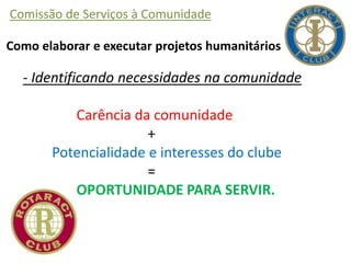 Comissão de Serviços à Comunidade
Como elaborar e executar projetos humanitários
- Identificando necessidades na comunidade
Carência da comunidade
+
Potencialidade e interesses do clube
=
OPORTUNIDADE PARA SERVIR.
 