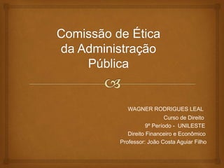WAGNER RODRIGUES LEAL
Curso de Direito
9º Período - UNILESTE
Direito Financeiro e Econômico
Professor: João Costa Aguiar Filho
 