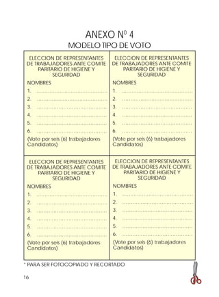 16
* PARA SER FOTOCOPIADO Y RECORTADO
ANEXO N0
4
MODELO TIPO DE VOTO
ELECCION DE REPRESENTANTES
DE TRABAJADORES ANTE COMITE
PARITARIO DE HIGIENE Y
SEGURIDAD
NOMBRES
1. ..……………..……………………
2. …………...………….……………
3. ……………………………………
4. ……………………………………
5. ……………………………………
6. ……………………………………
(Vote por seis (6) trabajadores
Candidatos)
ELECCION DE REPRESENTANTES
DE TRABAJADORES ANTE COMITE
PARITARIO DE HIGIENE Y
SEGURIDAD
NOMBRES
1. ..……………..……………………
2. …………...………….……………
3. ……………………………………
4. ……………………………………
5. ……………………………………
6. ……………………………………
(Vote por seis (6) trabajadores
Candidatos)
ELECCION DE REPRESENTANTES
DE TRABAJADORES ANTE COMITE
PARITARIO DE HIGIENE Y
SEGURIDAD
NOMBRES
1. ..……………..……………………
2. …………...………….……………
3. ……………………………………
4. ……………………………………
5. ……………………………………
6. ……………………………………
(Vote por seis (6) trabajadores
Candidatos)
ELECCION DE REPRESENTANTES
DE TRABAJADORES ANTE COMITE
PARITARIO DE HIGIENE Y
SEGURIDAD
NOMBRES
1. ..……………..……………………
2. …………...………….……………
3. ……………………………………
4. ……………………………………
5. ……………………………………
6. ……………………………………
(Vote por seis (6) trabajadores
Candidatos)
 