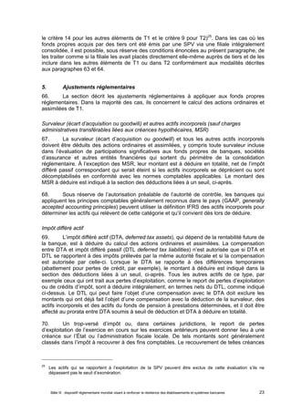 le critère 14 pour les autres éléments de T1 et le critère 9 pour T2)25. Dans les cas où les 
fonds propres acquis par des tiers ont été émis par une SPV via une filiale intégralement 
consolidée, il est possible, sous réserve des conditions énoncées au présent paragraphe, de 
les traiter comme si la filiale les avait placés directement elle-même auprès de tiers et de les 
inclure dans les autres éléments de T1 ou dans T2 conformément aux modalités décrites 
aux paragraphes 63 et 64. 
5. Ajustements réglementaires 
66. La section décrit les ajustements réglementaires à appliquer aux fonds propres 
réglementaires. Dans la majorité des cas, ils concernent le calcul des actions ordinaires et 
assimilées de T1. 
Survaleur (écart d’acquisition ou goodwill) et autres actifs incorporels (sauf charges 
administratives transférables liées aux créances hypothécaires, MSR) 
67. La survaleur (écart d’acquisition ou goodwill) et tous les autres actifs incorporels 
doivent être déduits des actions ordinaires et assimilées, y compris toute survaleur incluse 
dans l’évaluation de participations significatives aux fonds propres de banques, sociétés 
d’assurance et autres entités financières qui sortent du périmètre de la consolidation 
réglementaire. À l’exception des MSR, leur montant est à déduire en totalité, net de l’impôt 
différé passif correspondant qui serait éteint si les actifs incorporels se déprécient ou sont 
décomptabilisés en conformité avec les normes comptables applicables. Le montant des 
MSR à déduire est indiqué à la section des déductions liées à un seuil, ci-après. 
68. Sous réserve de l’autorisation préalable de l’autorité de contrôle, les banques qui 
appliquent les principes comptables généralement reconnus dans le pays (GAAP, generally 
accepted accounting principles) peuvent utiliser la définition IFRS des actifs incorporels pour 
déterminer les actifs qui relèvent de cette catégorie et qu’il convient dès lors de déduire. 
Impôt différé actif 
69. L’impôt différé actif (DTA, deferred tax assets), qui dépend de la rentabilité future de 
la banque, est à déduire du calcul des actions ordinaires et assimilées. La compensation 
entre DTA et impôt différé passif (DTL deferred tax liabilities) n’est autorisée que si DTA et 
DTL se rapportent à des impôts prélevés par la même autorité fiscale et si la compensation 
est autorisée par celle-ci. Lorsque le DTA se rapporte à des différences temporaires 
(abattement pour pertes de crédit, par exemple), le montant à déduire est indiqué dans la 
section des déductions liées à un seuil, ci-après. Tous les autres actifs de ce type, par 
exemple ceux qui ont trait aux pertes d’exploitation, comme le report de pertes d’exploitation 
ou de crédits d’impôt, sont à déduire intégralement, en termes nets du DTL, comme indiqué 
ci-dessus. Le DTL qui peut faire l’objet d’une compensation avec le DTA doit exclure les 
montants qui ont déjà fait l’objet d’une compensation avec la déduction de la survaleur, des 
actifs incorporels et des actifs du fonds de pension à prestations déterminées, et il doit être 
affecté au prorata entre DTA soumis à seuil de déduction et DTA à déduire en totalité. 
70. Un trop-versé d’impôt ou, dans certaines juridictions, le report de pertes 
d’exploitation de l’exercice en cours sur les exercices antérieurs peuvent donner lieu à une 
créance sur l’État ou l’administration fiscale locale. De tels montants sont généralement 
classés dans l’impôt à recouvrer à des fins comptables. Le recouvrement de telles créances 
25 Les actifs qui se rapportent à l’exploitation de la SPV peuvent être exclus de cette évaluation s’ils ne 
dépassent pas le seuil d’exonération. 
Bâle III : dispositif réglementaire mondial visant à renforcer la résilience des établissements et systèmes bancaires 23 
 