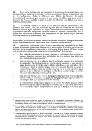 82. Si, en vertu de l’approche par déduction de la composante correspondante, une 
banque est tenue de faire une déduction à une composante donnée des fonds propres sans 
en être suffisamment dotée, la différence sera déduite de l’élément de qualité 
immédiatement supérieure (par exemple, si une banque ne détient pas assez d’autres 
éléments de T1 pour procéder à cette déduction, la différence sera déduite des actions 
ordinaires et assimilées). 
83. Les montants inférieurs au seuil, qui ne sont pas déduits, continueront à être 
pondérés des risques. Ainsi, les instruments figurant dans le portefeuille de négociation 
seront soumis aux règles applicables aux risques de marché et les instruments figurant dans 
le portefeuille bancaire, à l’approche notations internes ou standard (selon le cas). Pour la 
pondération des risques, le montant des participations doit être affecté au pro rata entre 
quantités inférieures et supérieures au seuil. 
Participations significatives aux fonds propres de banques, entreprises d’assurance et autres 
entités financières qui sortent du périmètre de la consolidation réglementaire29 
84. L’ajustement réglementaire décrit ci-après s’applique aux participations aux fonds 
propres de banques, entreprises d’assurance et autres entités financières qui sortent du 
périmètre de la consolidation réglementaire, si la banque détient plus de 10 % des actions 
ordinaires émises ou lorsque l’émetteur est une société affiliée30 de la banque. 
 Sont visées les participations directes, indirectes et synthétiques. Par exemple, les 
banques devraient examiner leurs portefeuilles de titres indiciels pour déterminer 
leurs participations sous-jacentes31. 
 Il convient d’inclure les titres détenus dans le portefeuille bancaire et le portefeuille 
de négociation. Par fonds propres, on entend actions ordinaires et tous les autres 
types d’instruments de fonds propres (dette subordonnée, par exemple), même 
synthétiques. C’est la position longue nette qu’il convient d’inclure (à savoir la 
position longue brute, moins les positions courtes sur la même exposition sous-jacente, 
si leur échéance est identique à celle de la position longue ou si leur 
échéance résiduelle est au moins égale à 1 an). 
 Il est possible d’exclure les positions d’engagement par signature détenues pendant 
5 jours ouvrés au maximum. Les positions d’engagement par signature détenues 
pendant plus de 5 jours ouvrés doivent être incluses. 
 Si l’instrument de fonds propres acquis par la banque ne satisfait pas aux critères 
d’inclusion dans les actions ordinaires et assimilées de T1, les autres éléments de 
T1 ou les fonds propres complémentaires (T2) de la banque, la banque devra 
29 Les participations aux entités qui sortent du périmètre de la consolidation réglementaire désignent des 
participations qui n’ont pas été consolidées du tout ou qui ont été consolidées de telle manière que leurs actifs 
n’entrent pas dans le calcul des actifs pondérés des risques du groupe consolidé. 
30 On entend par société affiliée une société qui contrôle la banque, est contrôlée par elle ou assujettie au même 
contrôle qu’elle. Le contrôle d’une société désigne : 1) la propriété, le contrôle ou la détention d’une catégorie 
de titres donnant un total de droits de vote égal ou supérieur à 20 % ; 2) la consolidation de la société aux fins 
de la communication financière. 
31 Si les banques jugent contraignant sur le plan opérationnel d’examiner et de surveiller leur exposition exacte 
aux fonds propres d’autres établissements financiers au titre de leur portefeuille de titres indiciels, les autorités 
nationales peuvent permettre aux banques, sous réserve de l’accord préalable de l’autorité de contrôle, 
d’utiliser une estimation prudente. 
Bâle III : dispositif réglementaire mondial visant à renforcer la résilience des établissements et systèmes bancaires 27 
 