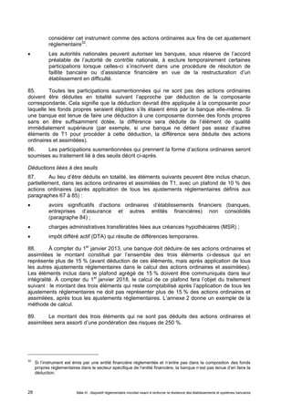 considérer cet instrument comme des actions ordinaires aux fins de cet ajustement 
réglementaire32. 
 Les autorités nationales peuvent autoriser les banques, sous réserve de l’accord 
préalable de l’autorité de contrôle nationale, à exclure temporairement certaines 
participations lorsque celles-ci s’inscrivent dans une procédure de résolution de 
faillite bancaire ou d’assistance financière en vue de la restructuration d’un 
établissement en difficulté. 
85. Toutes les participations susmentionnées qui ne sont pas des actions ordinaires 
doivent être déduites en totalité suivant l’approche par déduction de la composante 
correspondante. Cela signifie que la déduction devrait être appliquée à la composante pour 
laquelle les fonds propres seraient éligibles s’ils étaient émis par la banque elle-même. Si 
une banque est tenue de faire une déduction à une composante donnée des fonds propres 
sans en être suffisamment dotée, la différence sera déduite de l’élément de qualité 
immédiatement supérieure (par exemple, si une banque ne détient pas assez d’autres 
éléments de T1 pour procéder à cette déduction, la différence sera déduite des actions 
ordinaires et assimilées). 
86. Les participations susmentionnées qui prennent la forme d’actions ordinaires seront 
soumises au traitement lié à des seuils décrit ci-après. 
Déductions liées à des seuils 
87. Au lieu d’être déduits en totalité, les éléments suivants peuvent être inclus chacun, 
partiellement, dans les actions ordinaires et assimilées de T1, avec un plafond de 10 % des 
actions ordinaires (après application de tous les ajustements réglementaires définis aux 
paragraphes 67 à 85) : 
 avoirs significatifs d‘actions ordinaires d’établissements financiers (banques, 
entreprises d’assurance et autres entités financières) non consolidés 
(paragraphe 84) ; 
 charges administratives transférables liées aux créances hypothécaires (MSR) ; 
 impôt différé actif (DTA) qui résulte de différences temporaires. 
88. À compter du 1er janvier 2013, une banque doit déduire de ses actions ordinaires et 
assimilées le montant constitué par l’ensemble des trois éléments ci-dessus qui en 
représente plus de 15 % (avant déduction de ces éléments, mais après application de tous 
les autres ajustements réglementaires dans le calcul des actions ordinaires et assimilées). 
Les éléments inclus dans le plafond agrégé de 15 % doivent être communiqués dans leur 
intégralité. À compter du 1er janvier 2018, le calcul de ce plafond fera l’objet du traitement 
suivant : le montant des trois éléments qui reste comptabilisé après l’application de tous les 
ajustements réglementaires ne doit pas représenter plus de 15 % des actions ordinaires et 
assimilées, après tous les ajustements réglementaires. L’annexe 2 donne un exemple de la 
méthode de calcul. 
89. Le montant des trois éléments qui ne sont pas déduits des actions ordinaires et 
assimilées sera assorti d’une pondération des risques de 250 %. 
32 Si l’instrument est émis par une entité financière réglementée et n’entre pas dans la composition des fonds 
propres réglementaires dans le secteur spécifique de l’entité financière, la banque n’est pas tenue d’en faire la 
déduction. 
Bâle III : dispositif réglementaire mondial visant à renforcer la 28 résilience des établissements et systèmes bancaires 
 