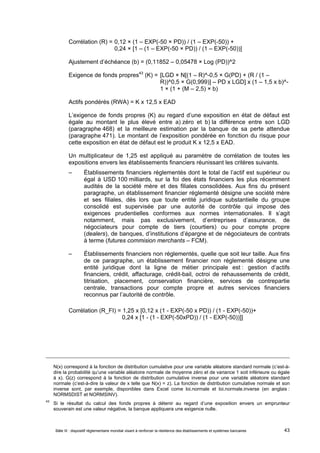 Corrélation (R) = 0,12 × (1 – EXP(-50 × PD)) / (1 – EXP(-50)) + 
0,24 × [1 – (1 – EXP(-50 × PD)) / (1 – EXP(-50))] 
Ajustement d’échéance (b) = (0,11852 – 0,05478 × Log (PD))^2 
Exigence de fonds propres43 (K) = [LGD × N[(1 – R)^-0,5 × G(PD) + (R / (1 – 
R))^0,5 × G(0,999)] – PD x LGD] x (1 – 1,5 x b)^- 
1 × (1 + (M – 2,5) × b) 
Actifs pondérés (RWA) = K x 12,5 x EAD 
L’exigence de fonds propres (K) au regard d’une exposition en état de défaut est 
égale au montant le plus élevé entre a) zéro et b) la différence entre son LGD 
(paragraphe 468) et la meilleure estimation par la banque de sa perte attendue 
(paragraphe 471). Le montant de l’exposition pondérée en fonction du risque pour 
cette exposition en état de défaut est le produit K x 12,5 x EAD. 
Un multiplicateur de 1,25 est appliqué au paramètre de corrélation de toutes les 
expositions envers les établissements financiers réunissant les critères suivants. 
– Établissements financiers réglementés dont le total de l’actif est supérieur ou 
égal à USD 100 milliards, sur la foi des états financiers les plus récemment 
audités de la société mère et des filiales consolidées. Aux fins du présent 
paragraphe, un établissement financier réglementé désigne une société mère 
et ses filiales, dès lors que toute entité juridique substantielle du groupe 
consolidé est supervisée par une autorité de contrôle qui impose des 
exigences prudentielles conformes aux normes internationales. Il s’agit 
notamment, mais pas exclusivement, d’entreprises d’assurance, de 
négociateurs pour compte de tiers (courtiers) ou pour compte propre 
(dealers), de banques, d’institutions d’épargne et de négociateurs de contrats 
à terme (futures commision merchants – FCM). 
– Établissements financiers non réglementés, quelle que soit leur taille. Aux fins 
de ce paragraphe, un établissement financier non réglementé désigne une 
entité juridique dont la ligne de métier principale est : gestion d’actifs 
financiers, crédit, affacturage, crédit-bail, octroi de rehaussements de crédit, 
titrisation, placement, conservation financière, services de contrepartie 
centrale, transactions pour compte propre et autres services financiers 
reconnus par l’autorité de contrôle. 
Corrélation (R_FI) = 1,25 x [0,12 x (1 - EXP(-50 x PD)) / (1 - EXP(-50))+ 
0,24 x [1 - (1 - EXP(-50xPD)) / (1 - EXP(-50))]] 
N(x) correspond à la fonction de distribution cumulative pour une variable aléatoire standard normale (c’est-à-dire 
la probabilité qu’une variable aléatoire normale de moyenne zéro et de variance 1 soit inférieure ou égale 
à x). G(z) correspond à la fonction de distribution cumulative inverse pour une variable aléatoire standard 
normale (c’est-à-dire la valeur de x telle que N(x) = z). La fonction de distribution cumulative normale et son 
inverse sont, par exemple, disponibles dans Excel come loi.normale et loi.normale.inverse (en anglais : 
NORMSDIST et NORMSINV). 
43 Si le résultat du calcul des fonds propres à détenir au regard d’une exposition envers un emprunteur 
souverain est une valeur négative, la banque appliquera une exigence nulle. 
Bâle III : dispositif réglementaire mondial visant à renforcer la résilience des établissements et systèmes bancaires 43 
 