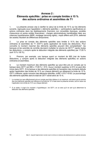 Annexe 2 : 
Éléments spécifiés : prise en compte limitée à 15 % 
des actions ordinaires et assimilées de T1 
1. La présente annexe vise à clarifier le calcul de la limite de 15 % sur les éléments 
suivants, regroupés sous l’appellation « éléments spécifiés » : participations significatives en 
actions ordinaires dans les établissements financiers non consolidés (banques, sociétés 
d’assurance et autres entités financières) ; charges administratives transférables liées aux 
créances hypothécaires (MSR, mortgage servicing rights) ; impôt différé actif (DTA, deferred 
tax assets) résultant de différences temporaires. 
2. La prise en compte des éléments spécifiés sera limitée à 15 % des actions 
ordinaires et assimilées de T1 (CET1) après application de toutes les déductions. Pour 
connaître le montant maximal des éléments spécifiés pouvant être comptabilisés*, les 
banques et les autorités de contrôle devraient multiplier le volume de CET1** (après toutes 
les déductions, y compris après la déduction intégrale des éléments spécifiés) par 17,65 % 
(soit 15 % / 85 %). 
3. Prenons, par exemple, une banque ayant un montant de €85 (net de toutes 
déductions, y compris après la déduction intégrale des éléments spécifiés) en actions 
ordinaires et assimilées. 
4. Le montant maximum des éléments spécifiés qui peut être pris en compte par la 
banque dans CET1 est €85 x 17,65 % = €15. Aucun montant supérieur à €15 ne peut être 
inclus dans CET1. Si la banque a des éléments spécifiés (à l’exception des montants déduits 
après l’application des limites de 10 % sur chaque élément) qui atteignent la limite de 15 %, 
CET1 s’élèvera, après inclusion des éléments spécifiés, à €85 + €15 = €100. Le pourcentage 
des éléments spécifiés dans le total de CET1 serait alors de 15 %. 
* Le montant qui sera effectivement pris en compte peut être inférieur à ce maximum, soit parce que la somme 
des trois éléments spécifiés est inférieure à la limite de 15 % fixée dans la présente annexe, soit en raison de 
l’application de la limite de 10 % sur chaque élément. 
** À ce stade, il s’agit d’un montant « hypothétique » de CET1, en ce sens qu’il ne sert qu’à déterminer la 
déduction des éléments spécifiés. 
Bâle III : dispositif réglementaire mondial visant à renforcer la 72 résilience des établissements et systèmes bancaires 
 