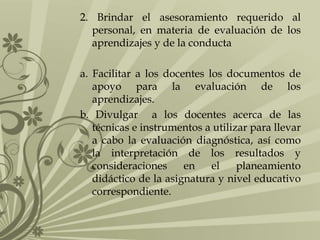 2. Brindar el asesoramiento requerido al
personal, en materia de evaluación de los
aprendizajes y de la conducta
a. Facilitar a los docentes los documentos de
apoyo para la evaluación de los
aprendizajes.
b. Divulgar a los docentes acerca de las
técnicas e instrumentos a utilizar para llevar
a cabo la evaluación diagnóstica, así como
la interpretación de los resultados y
consideraciones en el planeamiento
didáctico de la asignatura y nivel educativo
correspondiente.
 