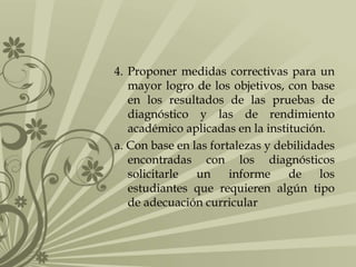 4. Proponer medidas correctivas para un
mayor logro de los objetivos, con base
en los resultados de las pruebas de
diagnóstico y las de rendimiento
académico aplicadas en la institución.
a. Con base en las fortalezas y debilidades
encontradas con los diagnósticos
solicitarle un informe de los
estudiantes que requieren algún tipo
de adecuación curricular
 