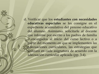 d. Verificar que los estudiantes con necesidades
educativas especiales se les consigne en el
expediente acumulativo del proceso educativo
del alumno. Asimismo, solicitarle al docente
que informe por escrito a los padres de familia
o encargados al inicio del curso lectivo o a
partir del momento en que se implementen las
adecuaciones curriculares, las estrategias que
utilizará en cada asignatura de acuerdo con la
adecuación curricular aplicada (pp. 3-4).

 