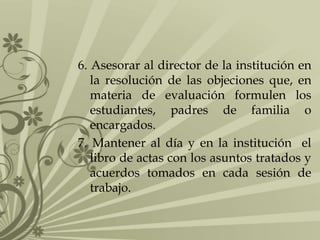 6. Asesorar al director de la institución en
la resolución de las objeciones que, en
materia de evaluación formulen los
estudiantes, padres de familia o
encargados.
7. Mantener al día y en la institución el
libro de actas con los asuntos tratados y
acuerdos tomados en cada sesión de
trabajo.

 