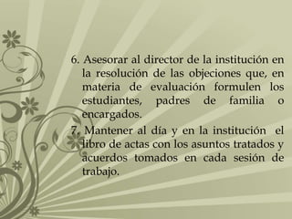 6. Asesorar al director de la institución en
la resolución de las objeciones que, en
materia de evaluación formulen los
estudiantes, padres de familia o
encargados.
7. Mantener al día y en la institución el
libro de actas con los asuntos tratados y
acuerdos tomados en cada sesión de
trabajo.

 