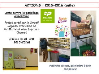 ACTIONS : 2015-2016 (suite)
Lutte contre le gaspillage
alimentaire
Projet porté par le Conseil
Régional avec l’aide de
Mr Mathé et Mme Legrand-
Chognot
(Elèves de C1 APR
2015-2016)
Pesée des déchets, gachimètre à pain,
composteur
 