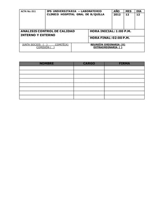ACTA No. 011 IPS UNIVERSITARIA – LABORATORIO
CLINICO HOSPITAL GRAL DE B/QUILLA
AÑO MES DIA
2012 12 12
ANALISIS CONTROL DE CALIDAD
INTERNO Y EXTERNO
HORA INICIAL: 1:00 P.M.
HORA FINAL: 02:00 P.M.
JUNTA SOCIOS ( ) COMITÉ(X)
COMISIÓN ( )
REUNIÓN ORDINARIA (X)
EXTRAORDINARIA ( )
NOMBRE CARGO FIRMA
 