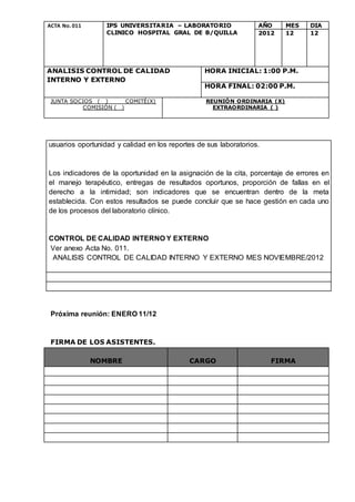 ACTA No. 011 IPS UNIVERSITARIA – LABORATORIO
CLINICO HOSPITAL GRAL DE B/QUILLA
AÑO MES DIA
2012 12 12
ANALISIS CONTROL DE CALIDAD
INTERNO Y EXTERNO
HORA INICIAL: 1:00 P.M.
HORA FINAL: 02:00 P.M.
JUNTA SOCIOS ( ) COMITÉ(X)
COMISIÓN ( )
REUNIÓN ORDINARIA (X)
EXTRAORDINARIA ( )
usuarios oportunidad y calidad en los reportes de sus laboratorios.
Los indicadores de la oportunidad en la asignación de la cita, porcentaje de errores en
el manejo terapéutico, entregas de resultados oportunos, proporción de fallas en el
derecho a la intimidad; son indicadores que se encuentran dentro de la meta
establecida. Con estos resultados se puede concluir que se hace gestión en cada uno
de los procesos del laboratorio clínico.
CONTROL DE CALIDAD INTERNO Y EXTERNO
Ver anexo Acta No. 011.
ANALISIS CONTROL DE CALIDAD INTERNO Y EXTERNO MES NOVIEMBRE/2012
Próxima reunión: ENERO 11/12
FIRMA DE LOS ASISTENTES.
NOMBRE CARGO FIRMA
 
