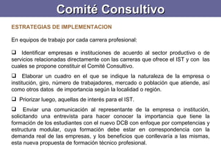 Comité Consultivo ESTRATEGIAS DE IMPLEMENTACION   En equipos de trabajo por cada carrera profesional:    Identificar empresas e instituciones de acuerdo al sector productivo o de servicios relacionadas directamente con las carreras que ofrece el IST y con  las cuales se propone constituir el Comité Consultivo.  Elaborar un cuadro en el que se indique la naturaleza de la empresa o institución, giro, número de trabajadores, mercado o población que atiende, así como otros datos  de importancia según la localidad o región. Priorizar luego, aquellas de interés para el IST. Enviar una comunicación al representante de la empresa o institución, solicitando una entrevista para hacer conocer la importancia que tiene la formación de los estudiantes con el nuevo DCB con enfoque por competencias y estructura modular, cuya formación debe estar en correspondencia con la demanda real de las empresas, y los beneficios que conllevaría a las mismas, esta nueva propuesta de formación técnico profesional. 