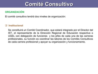 Comité Consultivo ORGANIZACIÓN El comité consultivo tendrá dos niveles de organización:   Institucional Se constituirá un Comité Coordinador, que estará integrado por el Director del IST, el representante de la Dirección Regional de Educación respectiva o UGEL con delegación de funciones  y los jefes de cada una de las carreras profesionales, su función es coordinar las labores de los Comités Consultivos de cada carrera profesional y apoyar su organización y funcionamiento.  