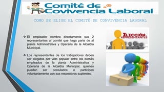 COMO SE ELIGE EL COMITÉ DE CONVIVENCIA LABORAL
 El empleador nombra directamente sus 2
representantes al comité que haga parte de al
planta Administrativa y Operaria de la Alcaldía
Municipal.
 Los representantes de los trabajadores deben
ser elegidos por voto popular entre los demás
empleados de la planta Administrativa y
Operaria de la Alcaldía Municipal, quienes
puedan ser postulados o participen
voluntariamente con sus respectivos suplentes.
 