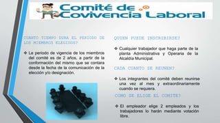 QUIEN PUEDE INSCRIBIRSE?
 Cualquier trabajador que haga parte de la
planta Administrativa y Operaria de la
Alcaldía Municipal.
CADA CUANTO SE REUNEN?
 Los integrantes del comité deben reunirse
una vez al mes y extraordinariamente
cuando se requiera.
COMO SE ELIGE EL COMITE?
 El empleador elige 2 empleados y los
trabajadores lo harán mediante votación
libre.
CUANTO TIEMPO DURA EL PERIODO DE
LOS MIEMBROS ELEGIDOS?
 Le periodo de vigencia de los miembros
del comité es de 2 años, a partir de la
conformación del mismo que se contara
desde la fecha de la comunicación de la
elección y/o designación.
 