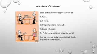 DISCRIMINACIÓN LABORAL
Todo trato diferenciado por razones de:
1. Raza.
2. Género.
3. Origen familiar o nacional.
4. Credo religioso.
5. Preferencia política o situación social.
Que carezca de toda razonabilidad desde
el punto de vista laboral.
 