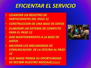 EFICIENTAR EL SERVICIO 
• LEVANTAR UN REGISTRO DE 
PARTIICIPANTES DEL PASO 12 
• CONSTRUCCION DE UNA BASE DE DATOS 
• ELABORAR UN SISTEMA DE COMPUTO 
PARA EL PASO 12 
• DAR MANTENIMIENTO A LA BASE DE 
DATOS 
• MEJORAR LOS MECANISMOS DE 
COMUNICACION DE LA OFICINA AL PASO 
12 
• QUE NADIE PIERDA SU OPORTUNIDAD 
DE RECIBIR NUESTRO MENSAJE¡¡¡¡¡¡¡¡ 
RICARDO P. 
 