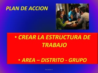 PLAN DE ACCION 
• CREAR LA ESTRUCTURA DE 
TRABAJO 
• AREA – DISTRITO - GRUPO 
RICARDO P. 
 