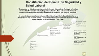 Comité de
Seguridad y
Salud Laboral
Delegados
de
prevención y
Representant
es del
patrono
Responsabilidades
Acto Formal
Aprobación de los
Estatutos Internos
y Acta Constitutiva
del Comité
La duración del
Comité será
indefinida con
excepciones
El patrono podrá
designar como
sus
representantes a:
•Empleados que actúen
como representantes
del patrono.
•Empleados de
dirección.
•Los trabajadores de
confianza.
•Cualquier otra persona
ajena a la empresa,
establecimiento,
explotación o faena.
* De este acto se dejará constancia mediante formato elaborado al efecto por el Instituto
Nacional de Prevención, Salud y Seguridad Laborales. Para este acuerdo formal de
constitución se requiere la presencia de todas las personas que integran el Comité.
* Se entenderá que no se ha constituido el Comité de Seguridad y Salud Laboral si no se
ha celebrado este acuerdo formal o no se ha dejado constancia de ello de conformidad
con lo previsto en el artículo de la LOPCYMAT.
L
 