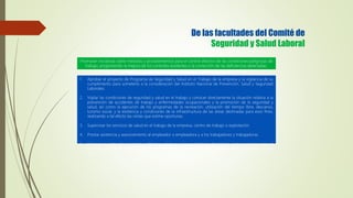 Promover iniciativas sobre métodos y procedimientos para el control efectivo de las condiciones peligrosas de
trabajo, proponiendo la mejora de los controles existentes o la corrección de las deficiencias detectadas.
1. Aprobar el proyecto de Programa de Seguridad y Salud en el Trabajo de la empresa y la vigilancia de su
cumplimiento para someterlo a la consideración del Instituto Nacional de Prevención, Salud y Seguridad
Laborales.
2. Vigilar las condiciones de seguridad y salud en el trabajo y conocer directamente la situación relativa a la
prevención de accidentes de trabajo y enfermedades ocupacionales y la promoción de la seguridad y
salud, así como la ejecución de los programas de la recreación, utilización del tiempo libre, descanso,
turismo social, y la existencia y condiciones de la infraestructura de las áreas destinadas para esos fines,
realizando a tal efecto las visitas que estime oportunas.
3. Supervisar los servicios de salud en el trabajo de la empresa, centro de trabajo o explotación.
4. Prestar asistencia y asesoramiento al empleador o empleadora y a los trabajadores y trabajadoras.
5. Conocer cuantos documentos e informes relativos a las condiciones de trabajo sean necesarios para el
cumplimiento de sus funciones, así como los procedentes de la actividad del servicio de prevención, en su
caso.
De las facultades del Comité de
Seguridad y Salud Laboral
 