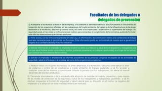 Facultades de los delegados o
delegadas de prevención
5) Realizar visitas a los lugares de trabajo y las áreas destinadas a la recreación y descanso área ejercer la labor
de vigilancia y control de las condiciones y medio ambiente de trabajo, pudiendo, a tal fin, acceder a
cualquier zona de los mismos y comunicarse durante la jornada con los trabajadores, sin alterar el normal
desarrollo del proceso productivo.
6) Demandar al empleador o de la empleadora la adopción de medidas de carácter preventivo y para mejora
de los niveles de protección de la seguridad y salud de los trabajadores y trabajadoras, pudiendo a tal fin
efectuar propuestas al Comité de Seguridad y Salud Laboral para su discusión en el mismo. La negativa del
empleador a la adopción de estas medidas deberá ser motivada.
1) Acompañar a los técnicos o técnicas de la empresa, a los asesores o asesoras externos o a los funcionarios o funcionarias de
inspección de los organismos oficiales, en las evaluaciones del medio ambiente de trabajo y de la infraestructura de las áreas
destinadas a la recreación, descanso y turismo social, así como a los inspectores y supervisores o supervisoras del trabajo y la
seguridad social, en las visitas y verificaciones que realicen para comprobar el cumplimiento de la normativa, pudiendo formular
ante ellos las observaciones que estimen oportunas.
2) Tener acceso, con las limitaciones previstas en esta Ley, a la información y documentación relativa a las condiciones de trabajo
que sean necesarias para el ejercicio de sus funciones. Esta información podrá ser suministrada de manera que se garantice el
respeto de la confidencialidad y el secreto industrial.
3) Solicitar información al empleador o empleadora sobre los daños ocurridos en la salud de los trabajadores y trabajadoras una
vez que aquel hubiese tenido conocimiento de ellos, pudiendo presentarse, en cualquier oportunidad, en el lugar de los hechos,
para conocer las circunstancias de los mismos.
d) Solicitar al empleador o empleadora los informes procedentes de las personas u órganos encargados de las actividades de
seguridad y salud en el trabajo en la empresa, así como de los organismos competentes.
 