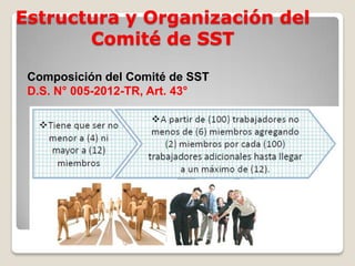 Estructura y Organización del
Comité de SST
Composición del Comité de SST
D.S. N° 005-2012-TR, Art. 43°
 