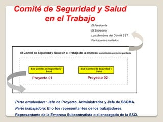 Comité de Seguridad y Salud
en el Trabajo
Parte empleadora: Jefe de Proyecto, Administrador y Jefe de SSOMA.
Parte trabajadora: El o los representantes de los trabajadores.
Representante de la Empresa Subcontratista o el encargado de la SSO.
El Presidente
El Secretario
Los Miembros del Comité SST
Participantes invitados
El Comité de Seguridad y Salud en el Trabajo de la empresa, constituido en forma paritaria
Sub-Comités de Seguridad y
Salud
Proyecto 01 Proyecto 02
Sub-Comités de Seguridad y
Salud
 