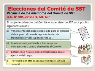 Elecciones del Comité de SST
Vacancia de los miembros del Comité de SST
D.S. N° 005-2012-TR, Art. 63°
 