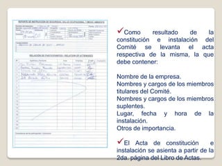 Como resultado de la
constitución e instalación del
Comité se levanta el acta
respectiva de la misma, la que
debe contener:
Nombre de la empresa.
Nombres y cargos de los miembros
titulares del Comité.
Nombres y cargos de los miembros
suplentes.
Lugar, fecha y hora de la
instalación.
Otros de importancia.
El Acta de constitución e
instalación se asienta a partir de la
2da. página del Libro de Actas.
Libro de Actas
 