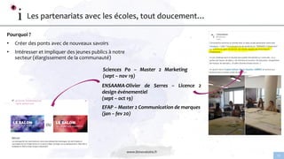 www.linnovatoire.fr
11
Pourquoi ?
• Créer des ponts avec de nouveaux savoirs
• Intéresser et impliquer des jeunes publics à notre
secteur (élargissement de la communauté)
Les partenariats avec les écoles, tout doucement…
Sciences Po – Master 2 Marketing
(sept – nov 19)
ENSAAMA-Olivier de Serres – Licence 2
design événementiel
(sept – oct 19)
EFAP – Master 2 Communication de marques
(jan – fev 20)
 