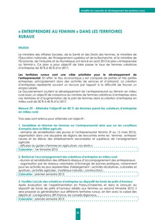Amplifier les capacités de développement des territoires ruraux
36
« ENTREPRENDRE AU FEMININ » DANS LES TERRITOIRES
RURAUX
ENJEUX
Le ministère des Affaires Sociales, de la Santé et des Droits des femmes, le ministère de
l'Éducation nationale, de l'Enseignement supérieur et de la Recherche, et le ministère de
l'Économie, de l’Industrie et du Numérique ont lancé en août 2013 le plan « Entreprendre
au féminin ». Ce plan a pour objectif de faire passer le taux de femmes créatrices
d’entreprise de 30 % à 40 % d’ici 2017.
Les territoires ruraux sont une cible prioritaire pour le développement de
l’entrepreneuriat. En effet, le tissu économique y est composé de petites et très petites
entreprises, principalement dans des activités de services et d’artisanat. La création
d’entreprises représente souvent un recours par rapport à la difficulté de trouver un
emploi salarié.
Le Gouvernement soutient le développement de l’entrepreneuriat au féminin en milieu
rural avec un objectif de croissance du nombre de femmes créatrices d’entreprises dans
ces territoires et d’augmentation de la part de femmes dans la création d’entreprise en
milieu rural de 30 % à 40 % d’ici 2017.
Mesure 39 - Atteindre l’objectif de 40 % de femmes parmi les créateurs d’entreprise
en milieu rural
Trois axes sont retenus pour atteindre cet objectif :
1. Sensibiliser et informer les femmes sur l’entrepreneuriat ainsi que sur les conditions
d’emplois dans la filière agricole
- semaine de sensibilisation des jeunes à l’entrepreneuriat féminin (9 au 15 mars 2015),
organisation dans une douzaine de régions de rencontres entre les femmes entrepre-
neures et les élèves des établissements secondaires et supérieurs de l’enseignement
agricole.
- diffusion du guide « Femmes en agriculture, vos droits »
Calendrier : 1er trimestre 2015
2. Renforcer l’accompagnement des créatrices d’entreprise en milieu rural
- réunion et sensibilisation des différents réseaux d’accompagnement des entrepreneurs
- organisation par les réseaux volontaires d’échange de bonnes pratiques, notamment
pour les activités les plus représentées (hébergement ; activités récréatives, culturelles et
sportives ; activités agricoles ; matériaux naturels ; construction) ;
Calendrier : premier semestre 2015
3. Faciliter l’accès des créatrices d’entreprise au dispositif de fonds de prêts d’honneur
Après évaluation de l’expérimentation en Poitou-Charentes et dans le Limousin du
dispositif de fonds de prêts d’honneur dédiés aux femmes au second trimestre 2015, il
sera proposé sa généralisation aux différents territoires ruraux, en lien avec la caisse des
dépôts et consignations, BPI France, les conseils régionaux...
Calendrier : premier semestre 2015
 