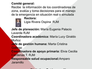 Comité general: Recibe  la información de los coordinadores de zona, evalúa y toma decisiones para el manejo de la emergencia en situación real o simulada                Rectora: Ligia Rivera Ospina  RJMJefe de planeación: María Eugenia Palacio Laverde RJMCoordinadora académica: María Lucy Giraldo Muñoz Jefe de gestión humana: Marta Cristina Gallego Coordinadora de apoyo primaria: Elvia Cecilia Cardenas T. RJMResponsable salud ocupacional:Amparo Jaramillo Distintivo: Botón amarillo