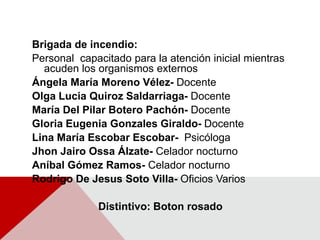 Brigada de incendio: Personal  capacitado para la atención inicial mientras acuden los organismos externos Ángela María Moreno Vélez- DocenteOlga Lucia Quiroz Saldarriaga- DocenteMaría Del Pilar Botero Pachón- DocenteGloria Eugenia Gonzales Giraldo- DocenteLina María Escobar Escobar-  PsicólogaJhon Jairo Ossa Álzate- Celador nocturnoAníbal Gómez Ramos- Celador nocturnoRodrigo De Jesus Soto Villa- Oficios Varios Distintivo: Boton rosado 