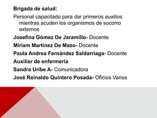 Brigada de salud:Personal capacitado para dar primeros auxilios mientras acuden los organismos de socorro externos Josefina Gómez De Jaramillo- DocenteMiriam Martínez De Mazo- DocentePaula Andrea Fernández Saldarriaga- DocenteAuxiliar de enfermeríaSandra Uribe A- Comunicadora José Reinaldo Quintero Posada- Oficios Varios