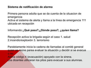 Sistema de notificación de alarmaPrimera persona adulta que se da cuenta de la situacion de emergenciaActiva el sistema de alerta y llama a la línea de emergencia 111 ubicada en recepciónInformando:¿Qué pasa?,¿Dónde pasa?, ¿quien llama?Recepción activa la brigada según el caso 1. salud 2.incendio/exploxión3. terrorismoParalelamente inicia la cadena de llamadas al comité general quien se reúne parea evaluar la situación y decidir si se evacua o no.Activa código 4 (evacuación) apoyado con la sirena.Los dicentes utilizaran los pitos para evacuar a sus alumnas.