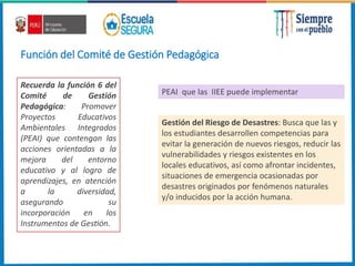 Función del Comité de Gestión Pedagógica
Recuerda la función 6 del
Comité de Gestión
Pedagógica: Promover
Proyectos Educativos
Ambientales Integrados
(PEAI) que contengan las
acciones orientadas a la
mejora del entorno
educativo y al logro de
aprendizajes, en atención
a la diversidad,
asegurando su
incorporación en los
Instrumentos de Gestión.
Gestión del Riesgo de Desastres: Busca que las y
los estudiantes desarrollen competencias para
evitar la generación de nuevos riesgos, reducir las
vulnerabilidades y riesgos existentes en los
locales educativos, así como afrontar incidentes,
situaciones de emergencia ocasionadas por
desastres originados por fenómenos naturales
y/o inducidos por la acción humana.
PEAI que las IIEE puede implementar
 