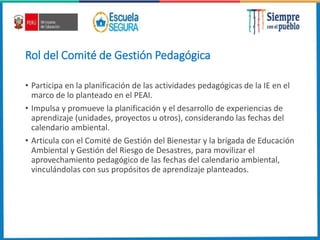 Rol del Comité de Gestión Pedagógica
• Participa en la planificación de las actividades pedagógicas de la IE en el
marco de lo planteado en el PEAI.
• Impulsa y promueve la planificación y el desarrollo de experiencias de
aprendizaje (unidades, proyectos u otros), considerando las fechas del
calendario ambiental.
• Articula con el Comité de Gestión del Bienestar y la brigada de Educación
Ambiental y Gestión del Riesgo de Desastres, para movilizar el
aprovechamiento pedagógico de las fechas del calendario ambiental,
vinculándolas con sus propósitos de aprendizaje planteados.
 