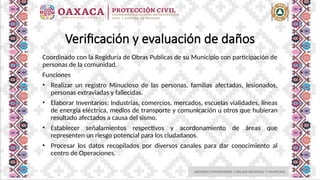ASESORIA COMUNITARIA Y ENLACE REGIONAL Y MUNICIPAL
Verificación y evaluación de daños
Coordinado con la Regiduría de Obras Publicas de su Municipio con participación de
personas de la comunidad.
Funciones
• Realizar un registro Minucioso de las personas, familias afectadas, lesionados,
personas extraviadas y fallecidas.
• Elaborar Inventarios: Industrias, comercios, mercados, escuelas vialidades, líneas
de energía eléctrica, medios de transporte y comunicación u otros que hubieran
resultado afectados a causa del sismo.
• Establecer señalamientos respectivos y acordonamiento de áreas que
representen un riesgo potencial para los ciudadanos.
• Procesar los datos recopilados por diversos canales para dar conocimiento al
centro de Operaciones.
 