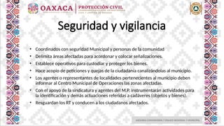 ASESORIA COMUNITARIA Y ENLACE REGIONAL Y MUNICIPAL
Seguridad y vigilancia
• Coordinados con seguridad Municipal y personas de la comunidad
• Delimita áreas afectadas para acordonar y colocar señalizaciones.
• Establece operativos para custodiar y proteger los bienes.
• Hace acopio de peticiones y quejas de la ciudadanía canalizándolas al municipio.
• Los agentes o representantes de localidades pertenecientes al municipio deben
informar al Centro Municipal de Operaciones las zonas afectadas.
• Con el apoyo de la sindicatura y agentes del M.P. instrumentarán actividades para
la identificación y demás actuaciones referidas a cadáveres (objetos y bienes).
• Resguardan los RT y conducen a los ciudadanos afectados.
 