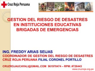 ING. FREDDY ARIAS SEIJAS
COORDINADOR DE GESTION DEL RIESGO DE DESASTRES
CRUZ ROJA PERUANA FILIAL CORONEL PORTILLO
CRUZROJAUCAYALI@GMAIL.COM 961970474 – RPM: #726443
GESTION DEL RIESGO DE DESASTRES
EN INSTITUCIONES EDUCATIVAS
BRIGADAS DE EMERGENCIAS
www.cruzroja.org.pe
 