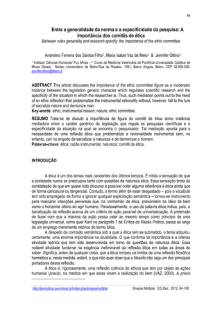 94 
http://periodicos.pucminas.br/index.php/sinapsemultipla Sinapse Múltipla, 1(2),Dez., 2012, 94-106. 
Entre a generalida...