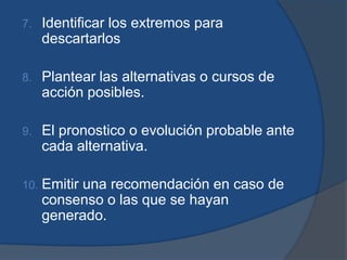 7.    Identificar los extremos para
      descartarlos

8.    Plantear las alternativas o cursos de
      acción posibles.

9.    El pronostico o evolución probable ante
      cada alternativa.

10.   Emitir una recomendación en caso de
      consenso o las que se hayan
      generado.
 
