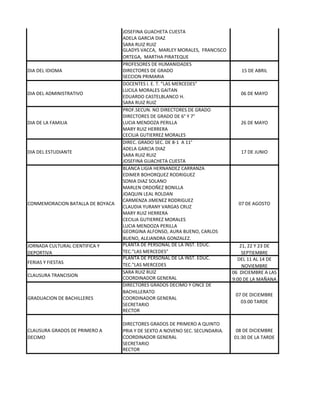 DIA DEL MUNICIPIO                                                                06 DE ABRIL
                                  JOSEFINA GUACHETA CUESTA
                                  ADELA GARCIA DIAZ
                                  SARA RUIZ RUIZ
                                  GLADYS VACCA, MARLEY MORALES, FRANCISCO
                                  ORTEGA, MARTHA PIRATEQUE
                                  PROFESORES DE HUMANIDADES
DIA DEL IDIOMA                    DIRECTORES DE GRADO                            15 DE ABRIL
                                  SECCION PRIMARIA
                                  DOCENTES I. E. T. ”LAS MERCEDES”
                                  LUCILA MORALES GAITAN
DIA DEL ADMINISTRATIVO                                                           06 DE MAYO
                                  EDUARDO CASTELBLANCO H.
                                  SARA RUIZ RUIZ
                                  PROF.SECUN. NO DIRECTORES DE GRADO
                                  DIRECTORES DE GRADO DE 6° Y 7°
DIA DE LA FAMILIA                 LUCIA MENDOZA PERILLA                          26 DE MAYO
                                  MARY RUIZ HERRERA
                                  CECILIA GUTIERREZ MORALES
                                  DIREC. GRADO SEC. DE 8-1 A 11°
                                  ADELA GARCIA DIAZ
DIA DEL ESTUDIANTE                                                               17 DE JUNIO
                                  SARA RUIZ RUIZ
                                  JOSEFINA GUACHETA CUESTA
                                  BLANCA LIGIA HERNANDEZ CARRANZA
                                  EDIMER BOHORQUEZ RODRIGUEZ
                                  SONIA DIAZ SOLANO
                                  MARLEN ORDOÑEZ BONILLA
                                  JOAQUIN LEAL ROLDAN
                                  CARMENZA JIMENEZ RODRIGUEZ
CONMEMORACION BATALLA DE BOYACA                                                 07 DE AGOSTO
                                  CLAUDIA YURANY VARGAS CRUZ
                                  MARY RUIZ HERRERA
                                  CECILIA GUTIERREZ MORALES
                                  LUCIA MENDOZA PERILLA
                                  GEORGINA ALFONSO, AURA BUENO, CARLOS
                                  BUENO, ALEJANDRA GONZALEZ.
JORNADA CULTURAL CIENTIFICA Y     PLANTA DE PERSONAL DE LA INST. EDUC.           21, 22 Y 23 DE
DEPORTIVA                         TEC.”LAS MERCEDES”                              SEPTIEMBRE
                                  PLANTA DE PERSONAL DE LA INST. EDUC.          DEL 11 AL 14 DE
FERIAS Y FIESTAS                  TEC.”LAS MERCEDES                               NOVIEMBRE
                                  SARA RUIZ RUIZ                              06 DICIEMBRE A LAS
CLAUSURA TRANCISION
                                  COORDINADOR GENERAL                         9:00 DE LA MAÑANA
                                  DIRECTORES GRADOS DECIMO Y ONCE DE
                                  BACHILLERATO
                                                                               07 DE DICIEMBRE
GRADUACION DE BACHILLERES         COORDINADOR GENERAL
                                                                                 03:00 TARDE
                                  SECRETARIO
                                  RECTOR

                                  DIRECTORES GRADOS DE PRIMERO A QUINTO
CLAUSURA GRADOS DE PRIMERO A      PRIA Y DE SEXTO A NOVENO SEC. SECUNDARIA.    08 DE DICIEMBRE
DECIMO                            COORDINADOR GENERAL                         01:30 DE LA TARDE
                                  SECRETARIO
                                  RECTOR
 